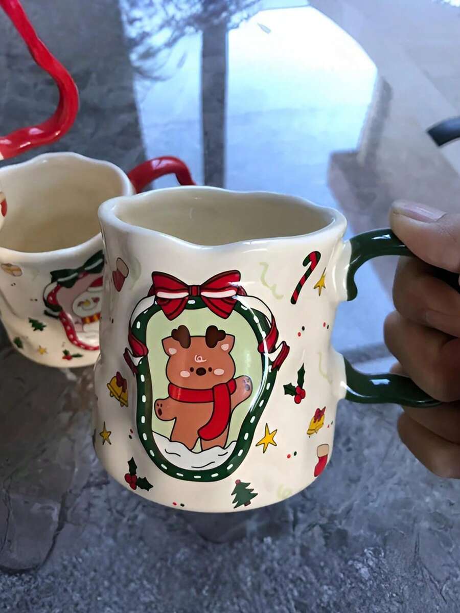 Ceramic Mug With Handle - Funny Christmas Coffee Cup, Gingerbread, Snowman, Candy Cane, Tree, Heart & Snowflake Patterns - Dishwasher - Red, Green, Golden, White - Ideal Christmas, Birthday, Valentine's Gift - Hand-Painted Look - Reusable Holiday Cup For Coffee, Tea, Hot Chocolate - Perfect For Home, Office, Or Party Decorations - Festive Design - Multicolor - View 1