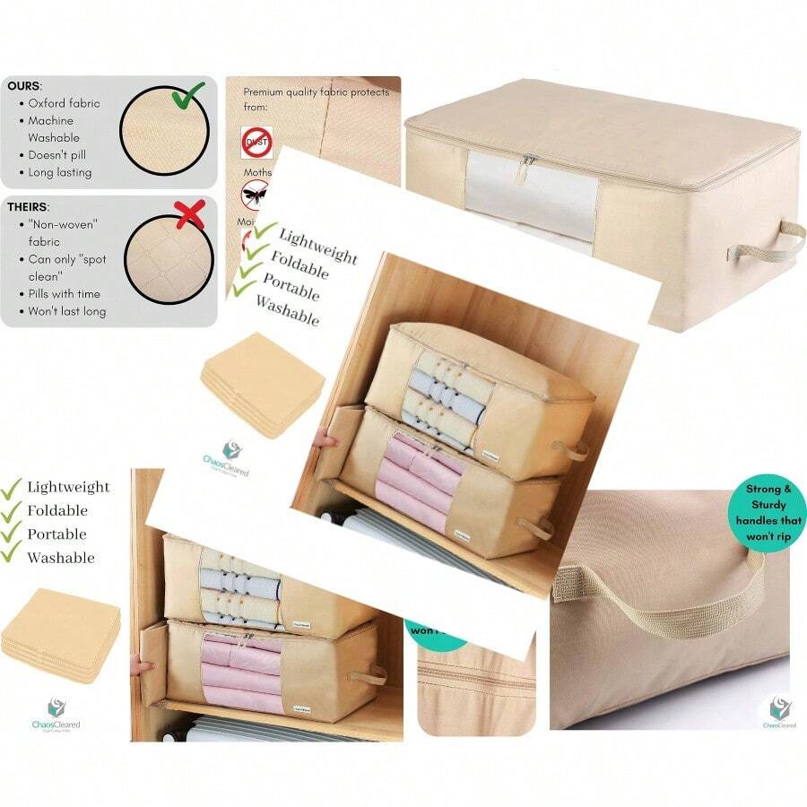 Comforter Storage Bag Folding Organizer bag for King/Queen Comforters Pillows Blankets Bedding/Quilt Blanket Duvet Mothproof Space Saver; Large Collapsible Organizers 24"x14"x11" - Bolsa de edredón beige - Ver 1