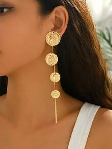 1 Pair New Autumn/Winter Long Tassel Geometric Goddess Head Coin Elegant Everyday Earrings