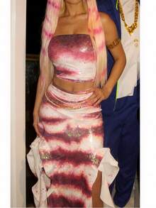 Women Halloween Shark Tale Lola Costume Skirt Set Y2k Side Split Ruffle Maxi Skirt Set Strapless Fish Cosplay Outfit - Multicolor - View 4