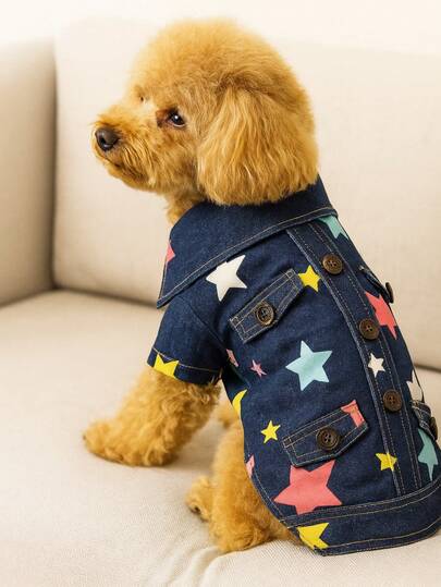 1 Piece, Dog Clothing, Pet Clothing, Colorful Stars, Denim, Shirt Style, Fashionable, High-End, Spring And Autumn, Printed, Denim Clothing, Small Dog, Decor