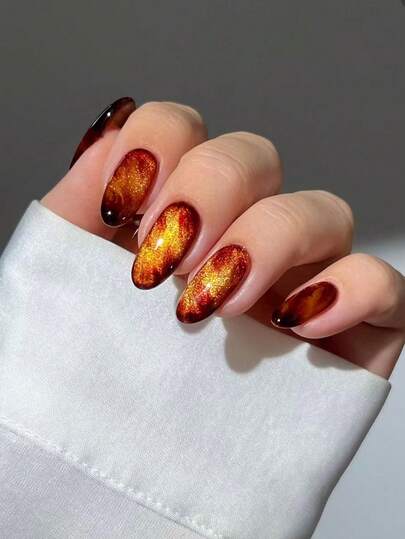 Upgrade Your Look,24Pcs Short Oval Full Coverage Cat's Eye False Nails For Women,Orange Sunset Gradient Design Press On Nails,Elegant Minimalist Luxury Nail Art,Suitable For Wearing In Autumn And Winter