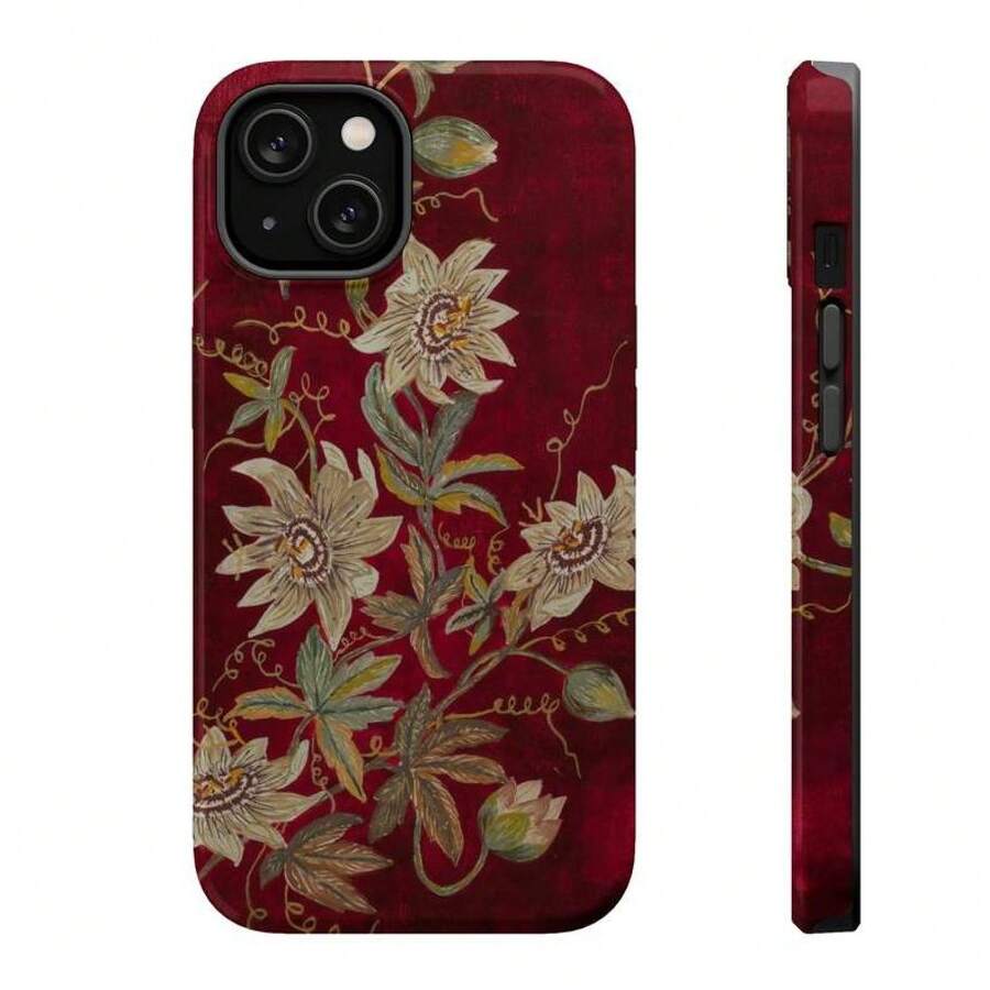 White Passionflowers On Deep Red Tough  Case Waterproof Durable Polycarbonate & Flexible TPU Vintage Retro Cover Gift For Her Phone Case For Samsung And  17, 16, 15, 14, 13, 12, 11 Pro Max, X, XR, XS Max, 8, And 7 Plus - Màu hỗn hợp 1 - Xem 1