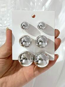 LADYCOCO Bộ 3 đôi bông tai đinh tán bạc bóng cổ điển thanh lịch, thích hợp cho phụ nữ - Thích hợp để đeo hàng ngày và làm quà tặng - Bạc - Xem 7