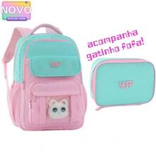Kit Mochila Feminina Juvenil Acompanha Gatinho Fofa Escolar Juvenil Com Estojo material escolar material escola papelaria - Verde - Visão 2