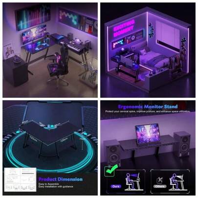 L Shaped Gaming Desk Corner Gaming Desks 120x120x75cm Computer Gaming Desk Large PC Writing Table Home And Office, Carbon Fibre Black