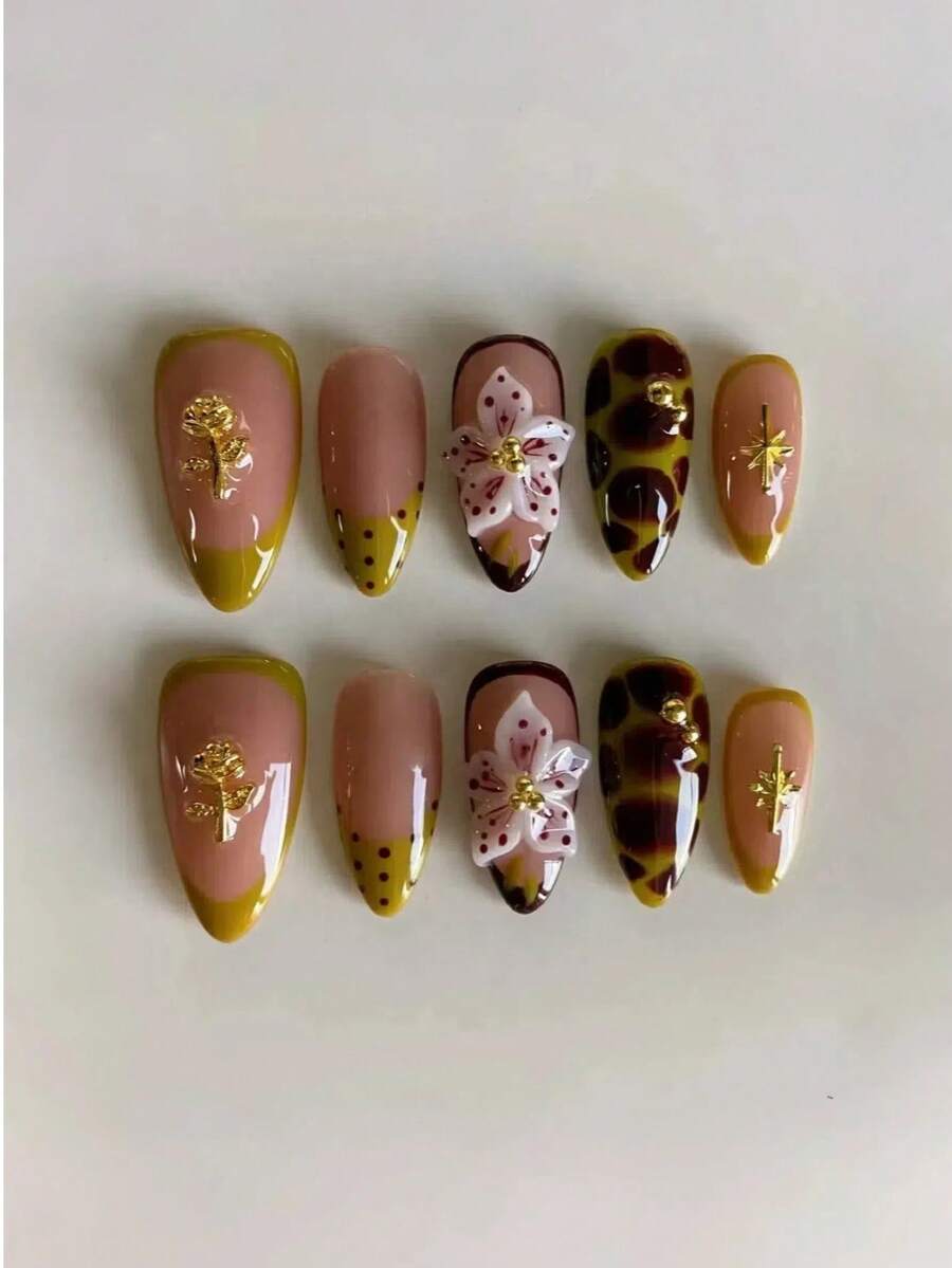 10Pcs 3D Flower Press On Nails Green French Tips Fake Nails Medium Almond False Nails Tropical Flowers Ombre Stick On Nails 3D Golden Flowers Floral Design False Nails Glue On Nails For Women GirlsInclude: 1pc Jelly Glue & 1pc Nail File