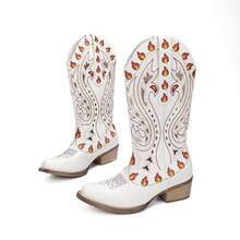 Mid-Calf Hollow Out Retro Cowgirl Boots, Western Style Flame Embroidery - White - View 7