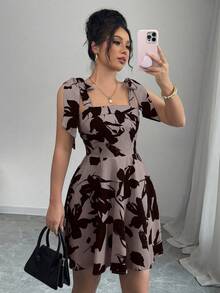 Vestido corto estampado de mujer,vestido sin mangas con lazo,vestidos casuales para mujer,vestidos para dama - Gris Oscuro - Ver 5