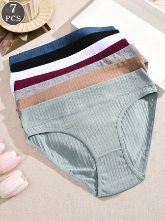 7pcs/Set Solid Color Cotton Rib Knit Stretchy Breathable Hipster Panties Set, Daily Essential Suitable For Outdoor Sports & Vacation, S-L
