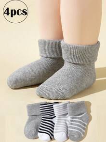4 perechi de șosete cu dungi pentru bebeluși, șosete drăguțe din lână caldă pentru nou-născuți, pentru băieți și fete, toamnă/iarnă