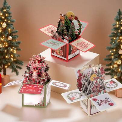 Set de 4 tarjetas de regalo de Navidad con tarjeta pop-up 3D, caja de regalo plegable 3D con sobre y etiqueta de mensaje, tarjetas de felicitación navideñas con muñeco de nieve