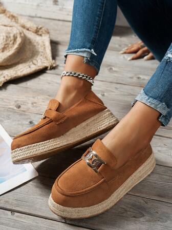 Spring & Autumn New Women's Thick Sole Slip-On Shoes, Lightweight Hemp Rope Woven Non-Slip Outsole, Metal Buckle Decor Simple Upper, Casual Style Daily Wear Flat Shoes, Vacation Outfit Matching, Breathable Comfortable Versatile Shoes