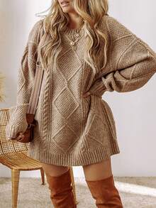 Acelitt Plus Size Women Solid Color Knitted Textured Pattern Off-Shoulder Plus Size Sweater Dress, Autumn/Winter (Recommend Choosing One Size Smaller For Better Fit) - Khaki - View 1