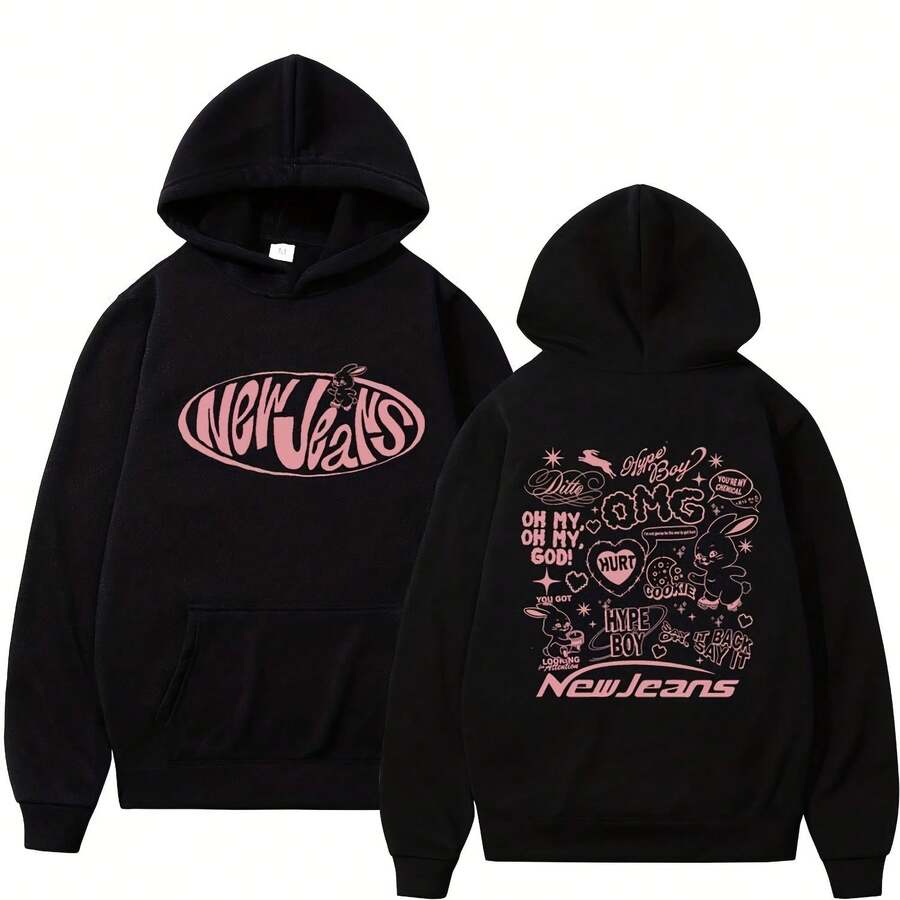 1PC New Jeans Kpop Inspired Bunny Rabbit Text Slogan Print Streetwear Casual Long Sleeve Pullover Black Autumn Graphic Men's Hoodie - màu đen - Xem 1