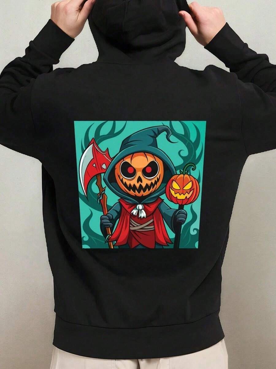 A Pack Of Humorous Halloween Hoodies Featuring Graphics, Designed For Men With A Regular Fit. These Black Casual Hoodies Are Perfect For Christmas And Halloween, Showcasing A Funny Skeleton Design,Fall Hoodies,Men's Fall Clothes,Street Wear,Halloween,Mens Hoodies,Y2k Clothes,Jesus Hoodie,Thanksgiving Day,Nightmare Before Christmas,Christmas - Black - View 1