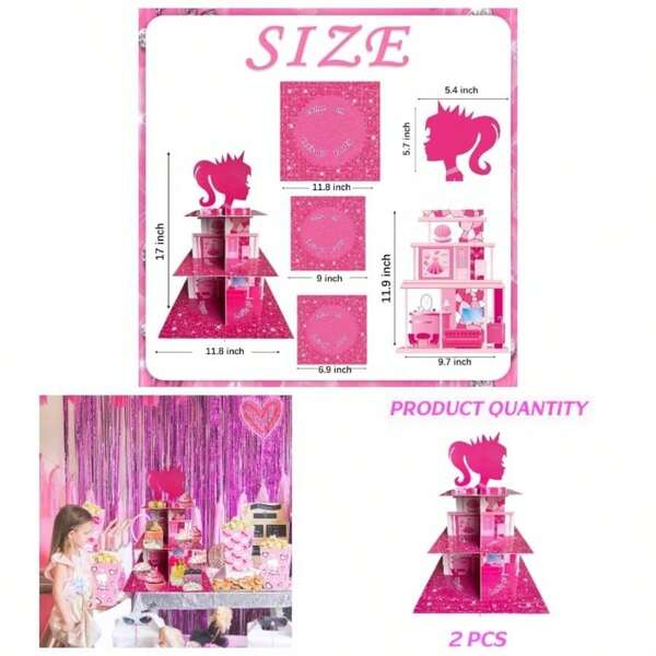 Pink Princess Cupcake Stand 3 - Tiered Pink Dessert Table Displays Centerpieces Girls Birthday Party Decorations Princess Shower Table Decorations