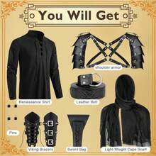 7 Pcs Men's Renaissance Costume Set Medieval Pirate Shirt Viking Shawl Belt Shoulder Armor Sword Bag Cosplaygift - As Pic - View 5