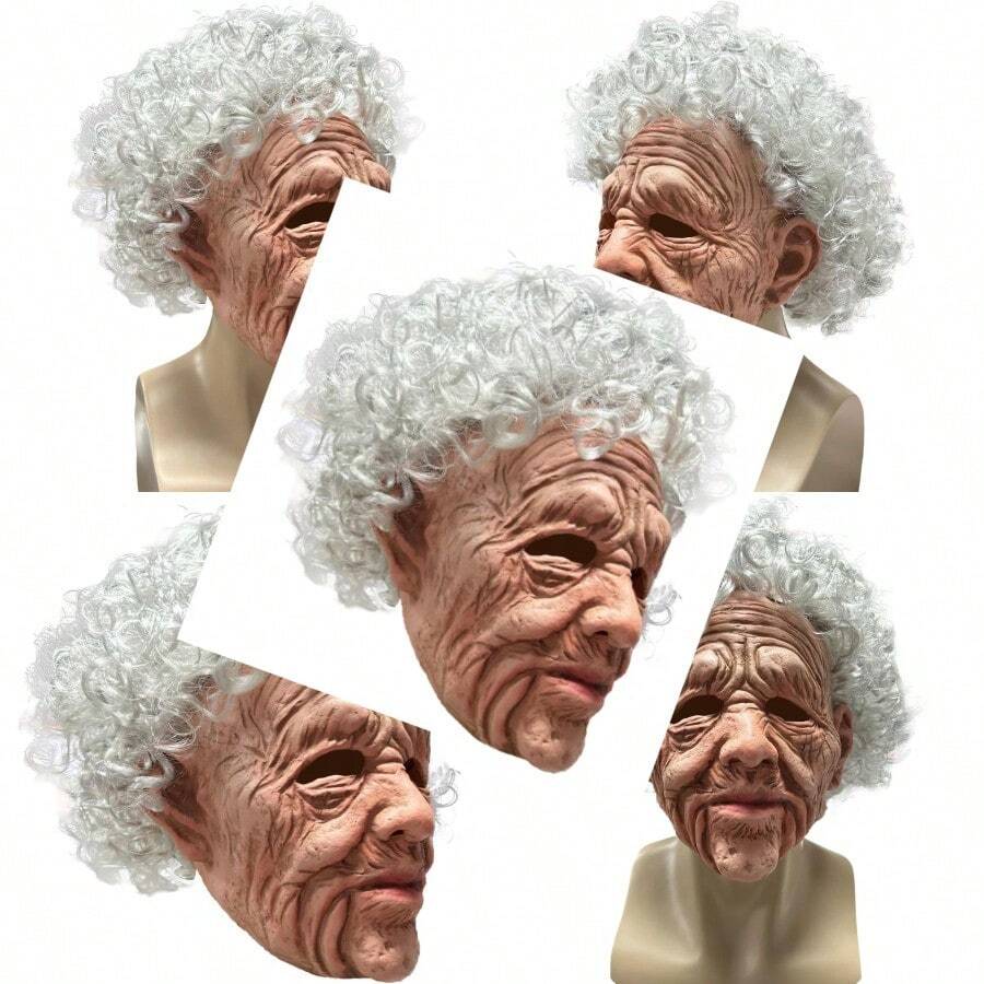 Kuberas Old Woman Mask Realistic Scary Granny Creepy Old Lady With Wrinkled Wig Halloween Cosplay Costume Props For Adults - 老婦人面具 - 查看 1