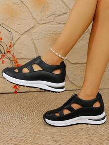 Chaussures confortables, sandales compensées grande taille de style européen et américain pour femmes, chaussures sexy et polyvalentes à bout fermé, aérées et antidérapantes, avec plateforme à semelle épaisse augmentant la hauteur, chaussures perforées