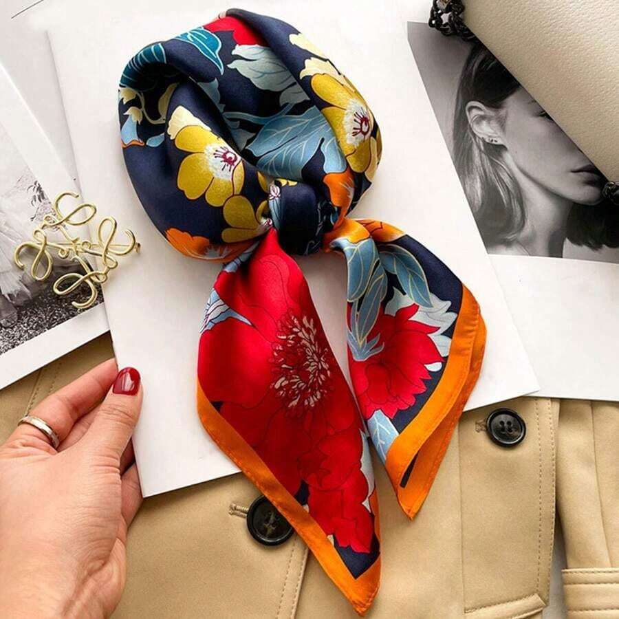 26.77in (68cm) Women's Fashionable Faux Silk Printed Square Scarf – Breathable Hairband, Neckerchief, Bag Handle Accessory, Versatile Bandana & Headband For Styling - Đỏ - Xem 1