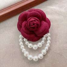 1pc Vintage Chic Fabric Camellia Brooch With Pearl Tassel Flower Shawl Clip Pin For Women, Great For Formal Dances, Weddings, Parties 2OAV - 布藝花朵胸針 - 查看 9