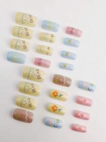 24片短方形可穿戴指甲花心图案按压式假指甲，含果冻胶和指甲锉，适合女性日常聚会和节日