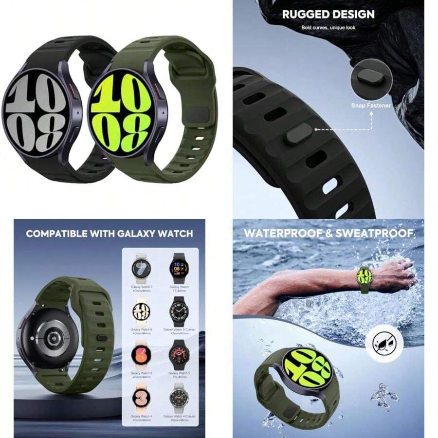 MoKo 2 Pack Rugged No Gap Bands Compatible with Samsung Galaxy Watch 7 FE 6 5 4 Band 40mm 44mm/Watch 6 4 Classic 43mm 47mm 42mm 46mm/Watch 5 Pro 45mm, Silicone Replacement Sport Strap Men, B+AG(Black+ArmyGreen) - Tipo 4 - Ver 1