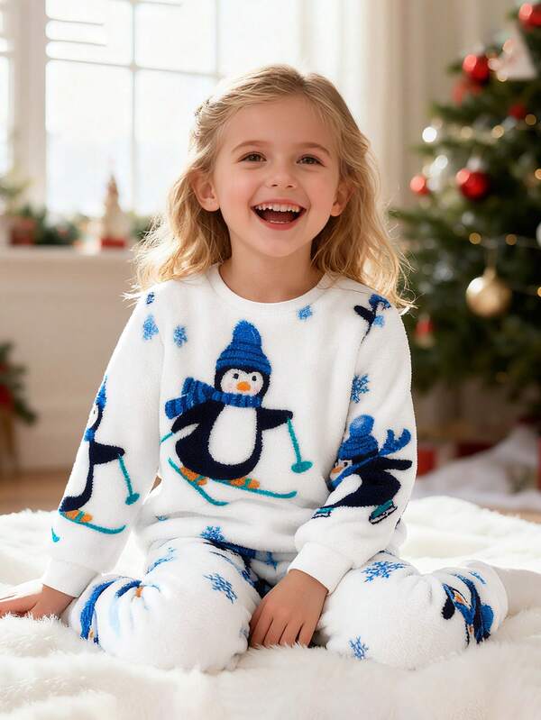 2pcs Toddler Boys' Cartoon Penguin Print Fleece Outfit Set, Spring/Autumn