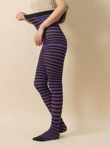 1pc Striped Tights, European & American Popular Christmas Striped Pantyhose, Skinny Mismatched (Fits Up To 130lbs), Cozy - Multicolor - View 9