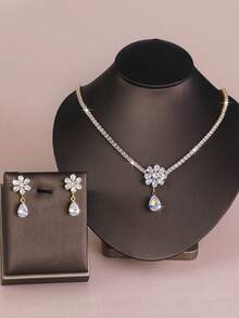 3pcs Zirconia Flower Design Elegant Necklace, Earrings Jewelry Set, Suitable For Daily, Bridal, Wedding, Party