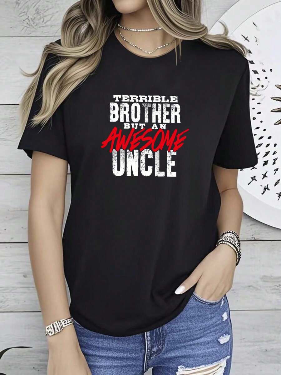 180g pure Cotton Terrible Brother Awesome Uncle Funny Mens Casual Crewneck T Shirt Comfortable Unisex Slightly Stretched fashion Breathable Summer Print Round Neck Short Sleeve Top For Everyday Wear designer clothes Versatile streetwear female Stylish - Negro - Ver 1