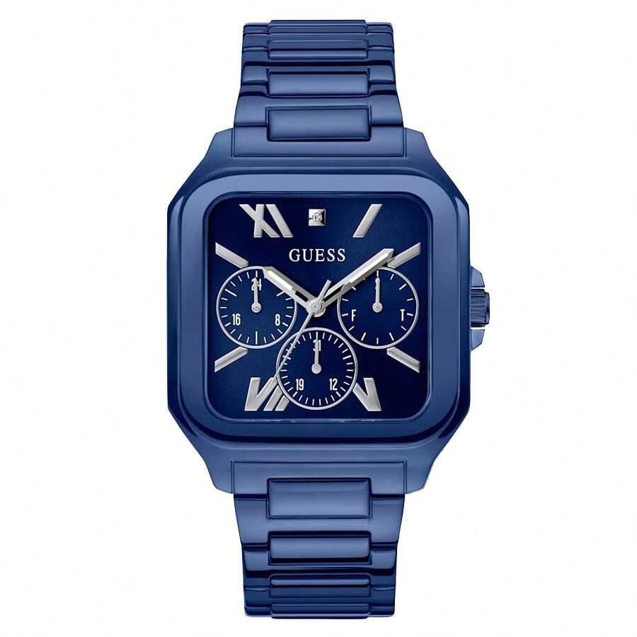 Guess 1 Stück Herren Multifunktions-Quadrat Analog Quarz Uhr - 42mm blau Edelstahl Gehäuse & Armband, blaues Zifferblatt Edelstahl Uhrarmband, 30m wasserdicht Modezubehör-GW0631G3