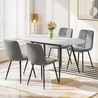 Extendable Dining Table And Chairs Set Of 4, Oval Mable Effect Table With Upholstered Chairs For Dining Room (Grey Line, Set Of 4)