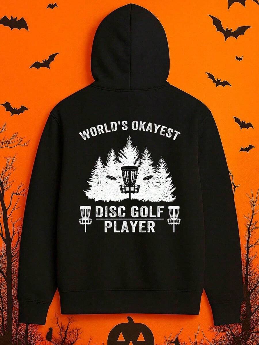 Men's Funny Disc Graphic Hooded Sweatshirt - World's Okayest Disc Player & Disc Course Design, Casual Sporty Pullover For Winter, Christmas, Halloween, Casual Attire - Comfortable & Machine Washab,Fall Hoodies,Men's Fall Clothes,Street Wear,Halloween,Mens Hoodies,Y2k Clothes,Jesus Hoodie,Thanksgiving Day,Nightmare Before Christmas,Christmas - 黑色 - 查看 1