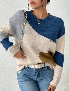 Plus Size Women Crew Neck Long Sleeve Asymmetric Pattern Patchwork Minimalist Sweater, Suitable For Casual Daily Wear (Suitable For Back To School Season)