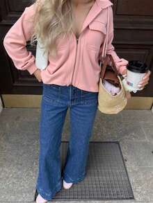 Moletom com Capuz e Bolsos com Zíper na Cor Sólida para Mulheres, Casual, Escola, Rua, Esportes