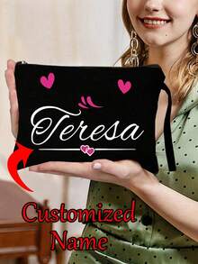 1pc Customizable Heart Pattern Makeup Bag With Personalized Name, Storage Pouch, Charming New Year Gift - Black - View 8