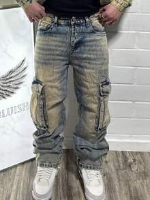 Quần cargo nam, quần ống thẳng, quần dài nam màu đồng bạc màu, quần jeans kiểu retro. - Đồng - Xem 3