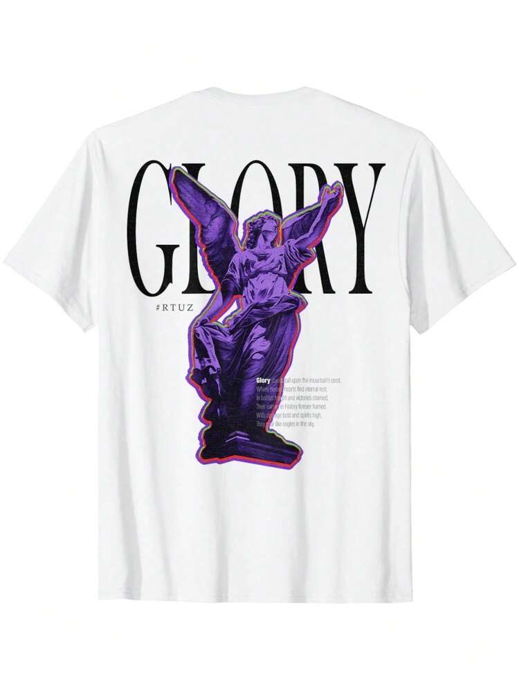 Hip Hop Vintage Edgy Urban Y2K Back Print Street Wear Angel T-Shirt Casual Classic Short Sleeve Drop Shoulder Crewneck Tee Tops - 白色 - 查看 1