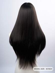 1 Synthetic Heat-Resistant Wig, Black Brown Long Straight Wig With Bangs, 30 Feet Long, Made Of Fiber, Suitable For Daily Use, Natural Simulation Wig - Black - View 3