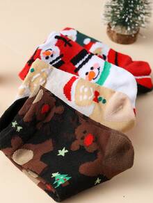 4 双女士新款圣诞圣诞老人、雪人、姜饼人图案袜子，舒适柔软礼品袜，中筒袜，秋冬