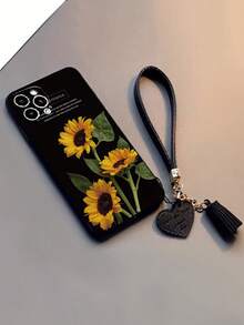 1 Stück perforierte gerade Kante Leopard Sonnenblume bemalte dicke stoßfeste Handyhülle mit dekorativen Accessoires: Neuer Leder-Herzarmband-Riemen, DIY Handyhülle-Anhänger, kurzer Armband-Riemen, Quaste-Anhänger, kompatibel mit iPhone 17pro/17Air /17/17promax16/11, Galaxy S25/S25PLUS/S25 Ultra/A16/A36/A26/A56/A50, 11/12Pro/12 - Verschiedenfarbig - Übersicht 5