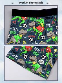 Pacote com três shorts masculinos com estampa de dinossauro, feitos de poliéster elástico, macios e suaves para a pele, de secagem rápida e respiráveis. Presente de Natal perfeito, com cós elástico, divertidos e fofos para uso doméstico e casual, cuecas boxer masculinas. - Multicolorido - Ver 6