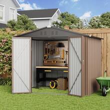 Asofer [2 Packages Shipping]6FT X 4FT & 8FT X 6FT Outdoor Storage Shed, Metal Sheds & Outdoor Storage , Utility And Tool Garden Storage Shed, Galvanized Metal Garden Shed With Double Lockable Doors, Metal Base Frame,  For Backyard, Patio, Garden, Outside, And Lawn,Christmas - 棕色 - 查看 2