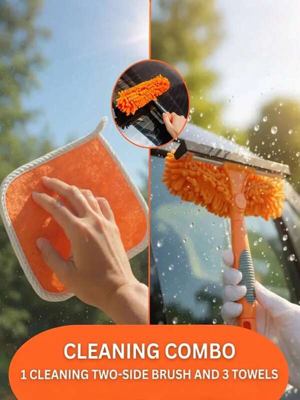 طقم أدوات تنظيف السيارة والمنزل: فرشاة مزدوجة الجانب من الشينيل + 3 مناشف ماصة - خالية من الخدوش والبقايا على الزجاج والبلاط وأسطح السيارة، مستلزمات وأدوات تنظيف السيارة، طقم غسيل السيارة، فرشاة معدات غسيل السيارة، طقم غسيل السيارة، فرشاة تنظيف البلاط