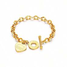 1pc Women's Stainless Steel Classic Heart Engraved O-Ring Lip Chain Titanium Steel Bracelet - 銀色 - 查看 1