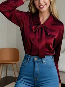 女士优雅勃艮第缎面系带衬衫，时尚休闲百搭通勤装，纯色缎面面料光滑亲肤，易于护理，无弹力不透明材质，适合办公室或正式场合，时尚蝴蝶结细节上衣，宽松版型，适合春夏秋冬 - 酒紅色 - 查看 10