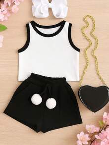 Girls' And Teen Girls' 2-Piece Set: Cropped Tank Top And Shorts With Pompom Detail, Ribbed Knit, Super Delicate, Spring/Summer Fashion CJI034 - Black - View 2