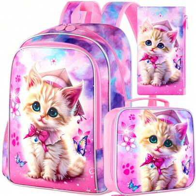 3 Stücke/Set Mädchen Rucksack, 16 Inch süßes Katzen Design Grundschul Rucksack, Kindergarten Schultasche und Lunchbox